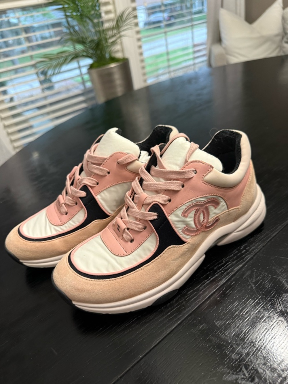 CHANEL Pink, White and Black Low-Top Logo Sneakers